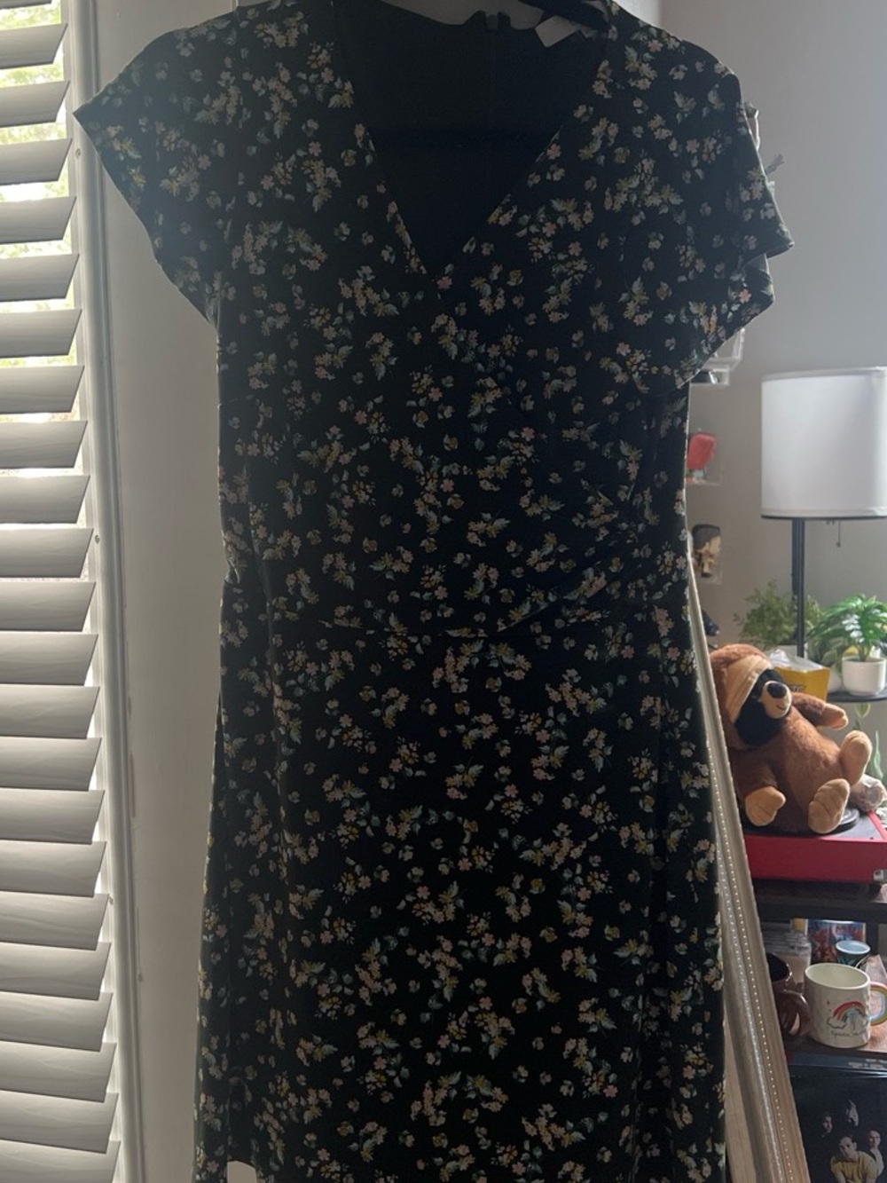 LOFT Black Floral Mini Wrap Dress
